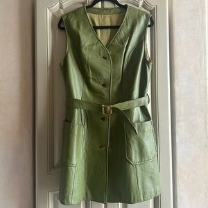 Vintage Green Sleeveless Leather Dress with Belt